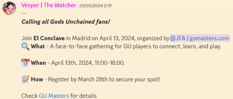 El Conclave - 2024-04 - Publicación de Vesper en el Discord oficial de Gods Unchained