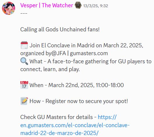 GU Masters - El Conclave 22 de marzo de 2025 - Anuncio en Discord